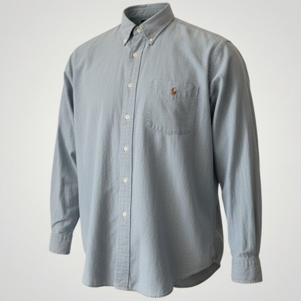 Ralph Lauren Big Shirt Vintage 90s Men Large Blue Chambray Button Down Pony